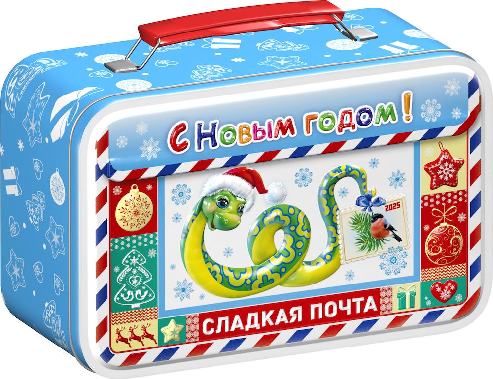 Сладкий новогодний подарок в жестяной коробке с символом 2025 года Зеленой Змеей
