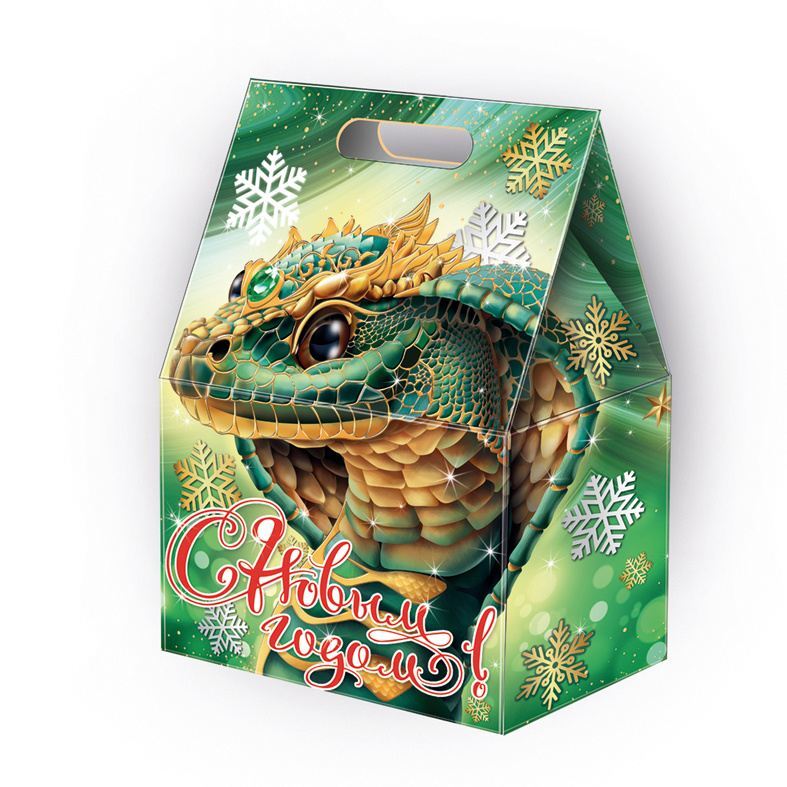 Сладкий новогодний подарок в картонной коробке с символом 2025 года Зеленой Змеей