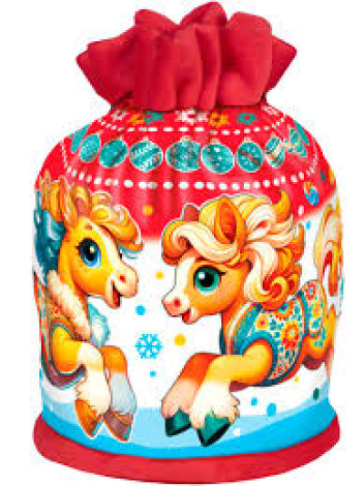 Сладкий новогодний подарок Мешок велюровый красный Лошади Сладкий новогодний подарок Мешок велюровый красный Лошади