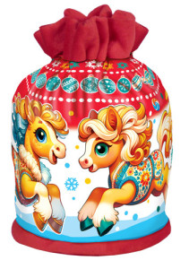 Сладкий новогодний подарок Мешок велюровый красный Лошади